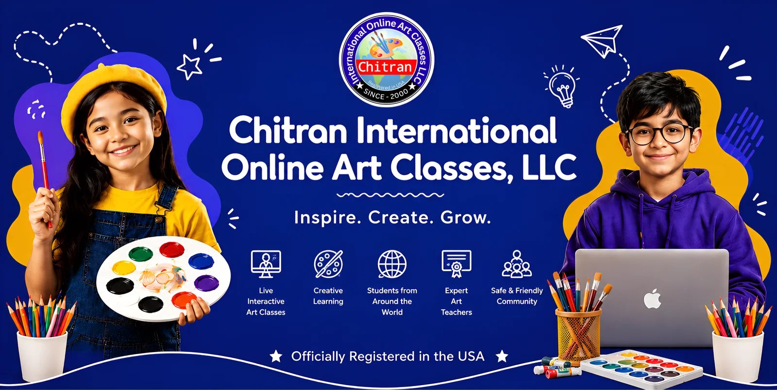 Chitran International Online Art Classes LLC banner featuring live interactive art classes, creative learning, global students, expert teachers, and a safe community