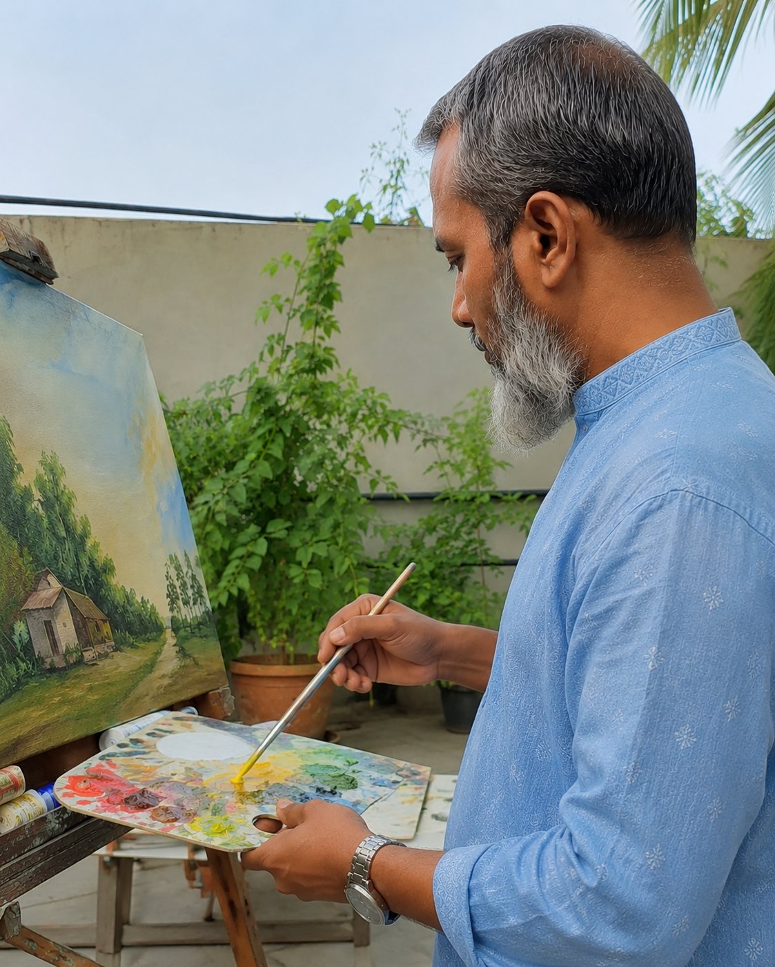 Founder and artist MD Zubairul Islam painting a village landscape outdoors