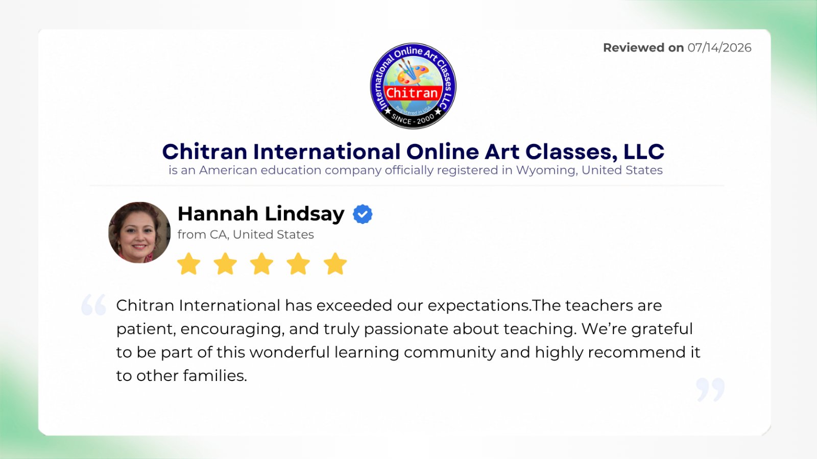 Parent testimonial for Chitran Zoom art classes